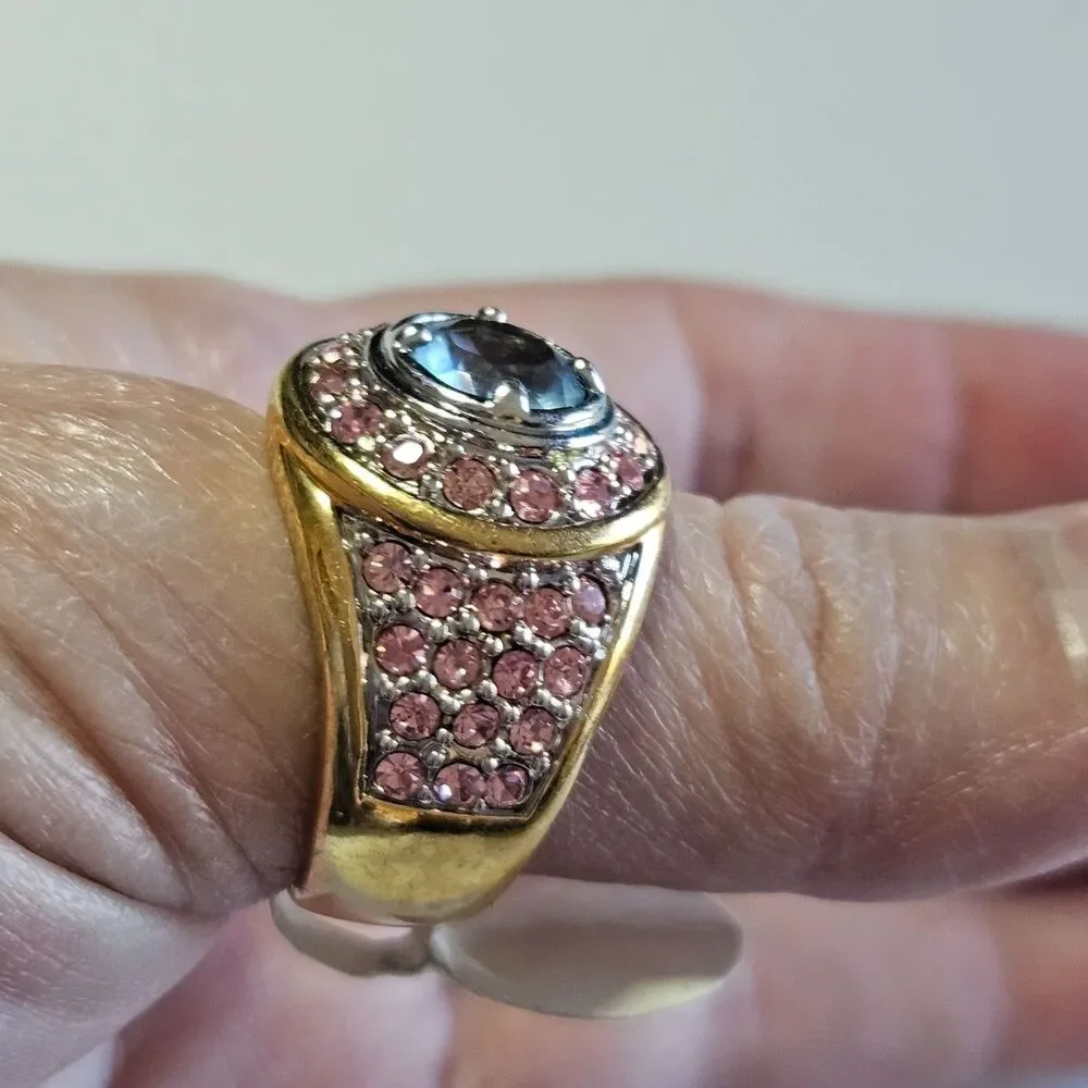 Gold tone pink and blue rhinestone ring Size 8.75